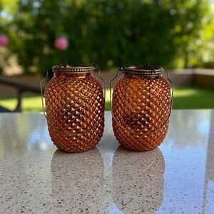 Pair of 5" Amber Diamond Point Glass Candle Holder Lanterns with Metal Handles